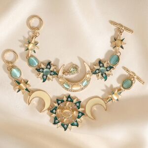 🌙 Celestial Sun Moon Stars Toggle Bracelet Set Gold Tone Enamel Crystal Boho